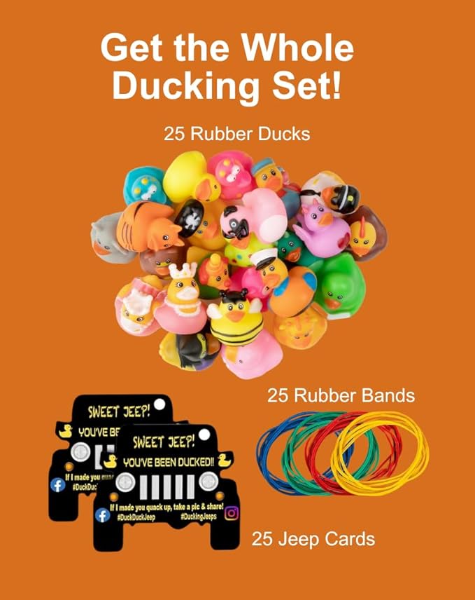 Jeep Ducks for Ducking Refill Kit- 75 Piece kit Including 25 Rubber Ducks, 25 Jeep Ducking Cards & 25 Rubber Bands Plus Official Duck Duck Jeep Mobile App - Happy Duckers