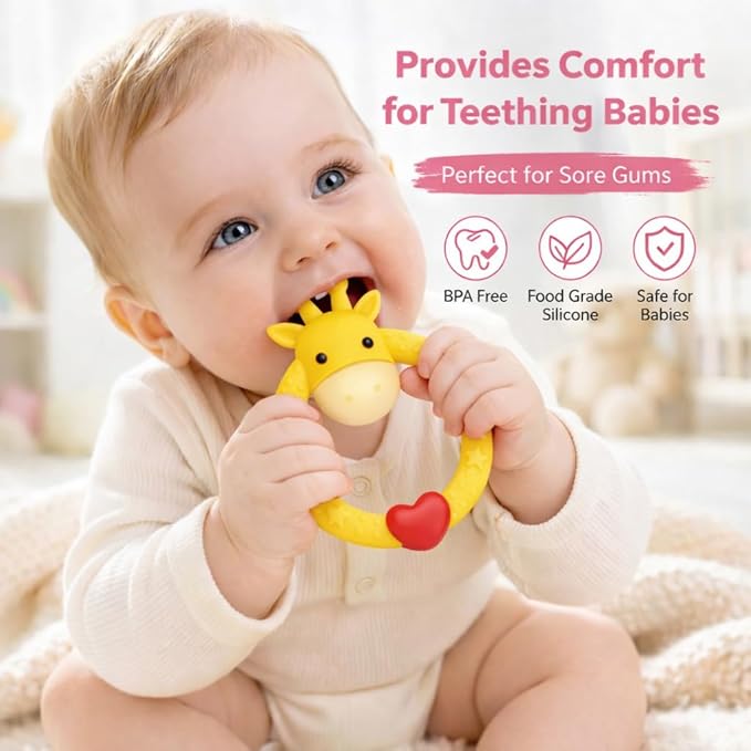 SHARE&CARE BPA Free Silicone Giraffe Baby Teether Toy with Storage Case, for 3 Months Above Infant Sore Gums Pain Relief and Baby Shower, Baby Teething Toys (Yellow)