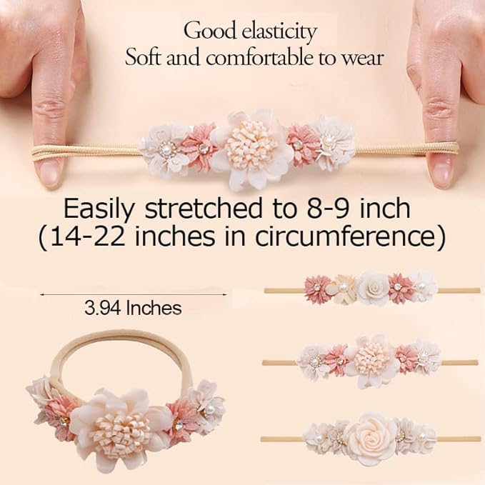 FGSS Floral-Headbands Flower-Crown for Baby Girls Elastic Nylon Hairbands for Newborn Infant Toddler Hair Accessories Pack of 3