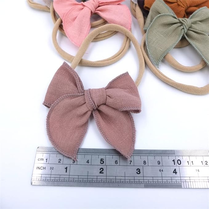 Sugarmelon Linen Bow Nylon Headband for Baby Newborn Infant Toddler Hair Bow Elastic Bands for Baby Girls Little Kids Headbands (Linen Fable bow 3'')