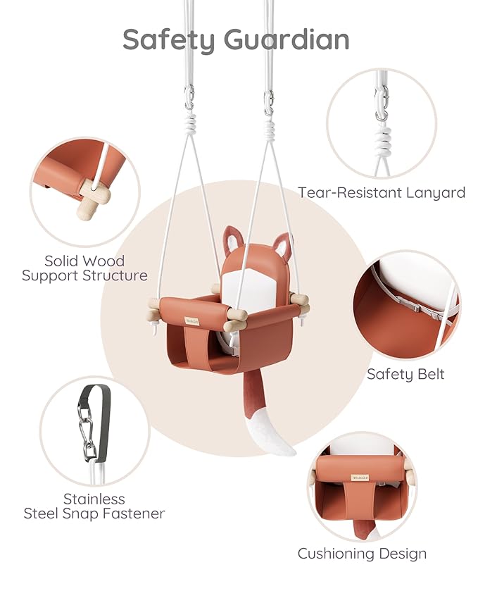 Wooden Baby Swing with Soft Safety Belt, Cozy Infant Swing Seat for Indoor & Outdoor Use, Adjustable Height, Includes Mounting Hardware – Suitable for Babies & Toddlers（Fox-Themed in Red）