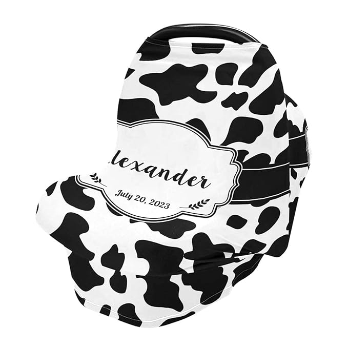 Personalized Baby Car Seat Cover for Babies, Custom Name Baby Car Seats Canopy for Boys Girls, Nursing Breastfeeding Stroller Covers for Infant Newborn, Shower Gift for Baby (Cow Stripes Black)