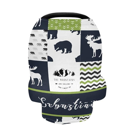 Personalized Baby Car Seats Cover with Name for Boys，Cutomized Woodland Bear Nursing Cover Multiuse Breastfeeding Scarf Infant Car Canopy Shower Gifts for Babies Newborn I