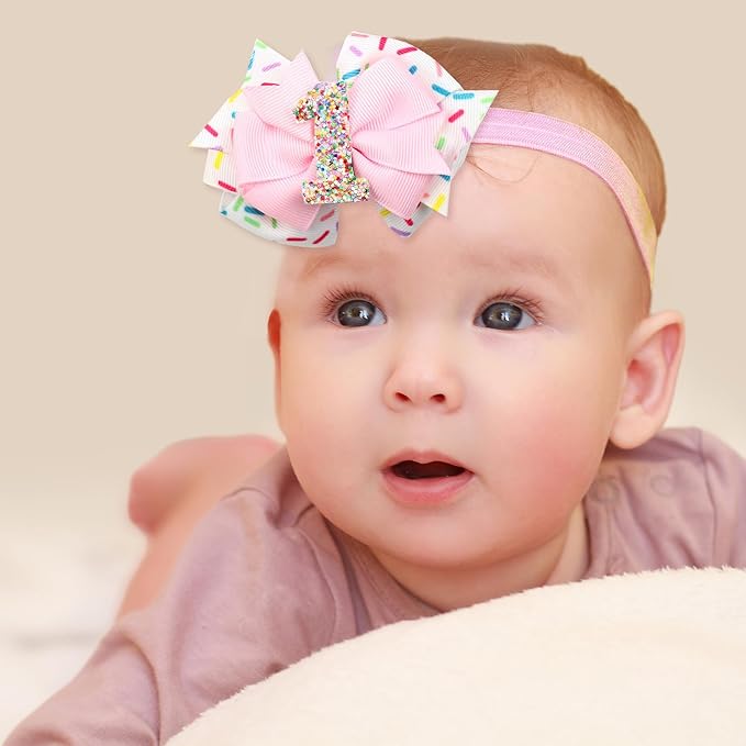 2Pcs Birthday Hair Bow for Baby Girls 1 Years Decorations Pink Sprinkle Ice Cream Confetti Hair Accessories for Baby Girls 1st Birthday Party Decorations