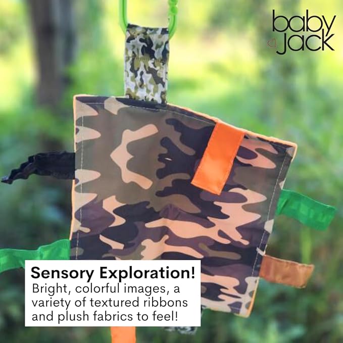 Baby Jack & Co 8x8 Hunting Camo Lovey Tag Toys - Baby Crinkle Toys - Soft & Safe - Learn Shapes & Colors - Ideal Baby Toy - BPA Free w/Stroller Clip