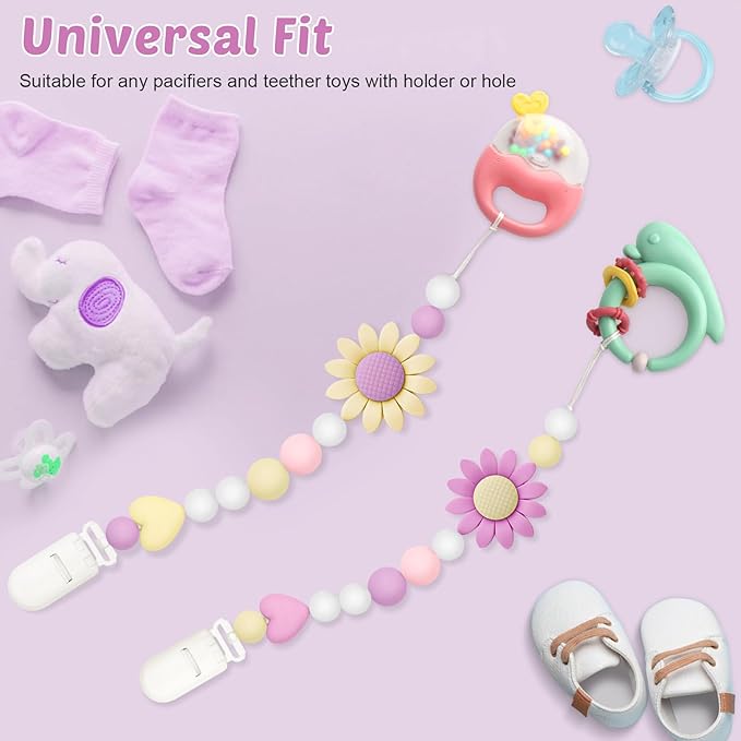 2 Pack Silicone Pacifier Clip for Boys and Girls, Features One-Piece Design Pacifier Strap with Clip, Adorable Sunflower Pacifier Holder for Baby Teethers and Toys