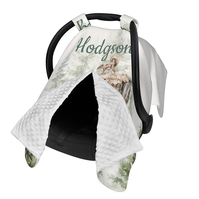 Personalized Baby Car Seat Canopy with Name – Custom Woodland Bear Minky Nursing Cover for Boys & Girls, Soft Stroller Cover for Infants & Newborns, Carseat Canopy for Breastfeeding