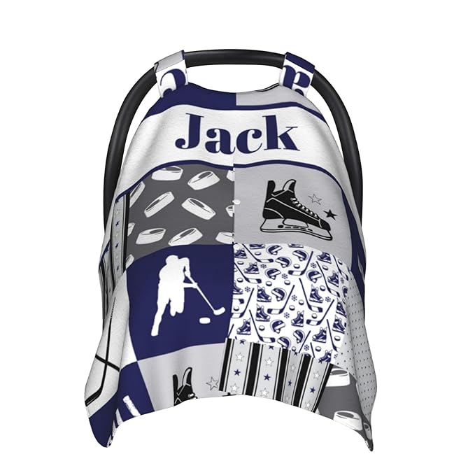 Custom Baby Car Seat Canopy with Name, Personalized Hockey Baby Car Seats Covers for Baby Boy, Opening Minky Nursing Breastfeeding Cover for Infant, Carseat Canopies for Newborn