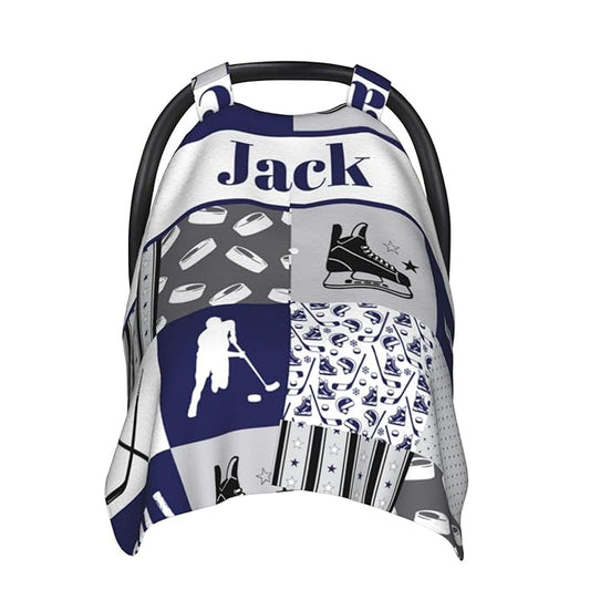 Custom Baby Car Seat Canopy with Name, Personalized Hockey Baby Car Seats Covers for Baby Boy, Opening Minky Nursing Breastfeeding Cover for Infant, Carseat Canopies for Newborn
