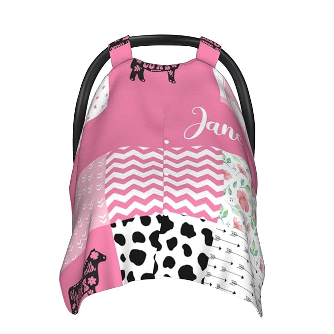 Personalized Floral Cow Baby Car Seat Canopy for Babies with Name, Custom Pink Baby Car Seat Covers for Girls, Opening Minky Nursing Breastfeeding Cover Infant Carseat Canopies for Newborn
