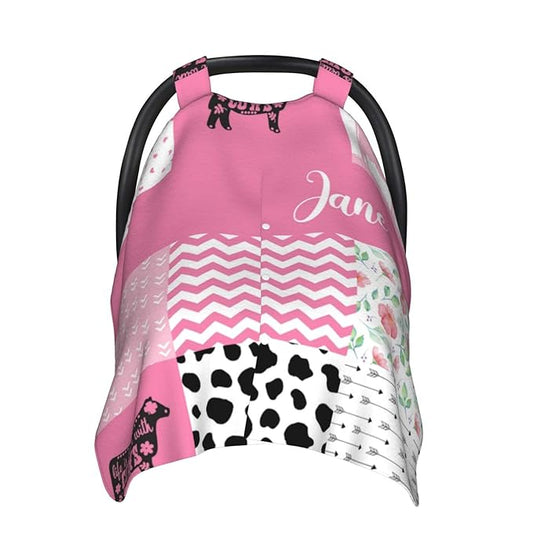 Personalized Floral Cow Baby Car Seat Canopy for Babies with Name, Custom Pink Baby Car Seat Covers for Girls, Opening Minky Nursing Breastfeeding Cover Infant Carseat Canopies for Newborn