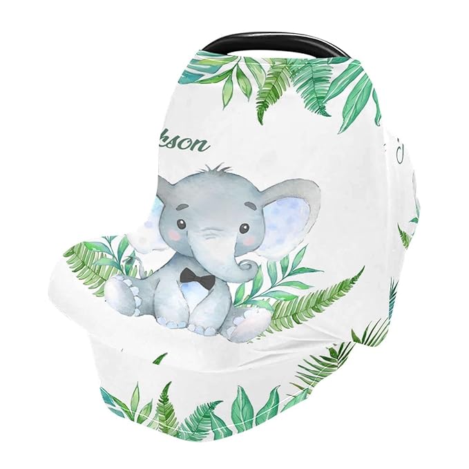 Personalized Baby Car Seat Covers with Name, Custom Nursing Cover Breastfeeding for Babies, Carseat Canopy for Boys, Infant Stroller Cover for Winter, Breathable Carseats Cover (Elephant Green Leaf)