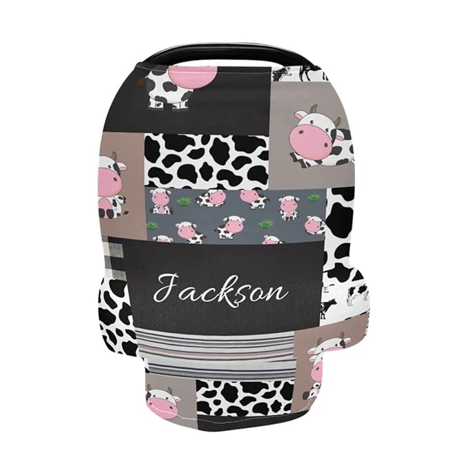 Personalized Baby Car Seat Cover for Boys Girls, Custom Nursing Covers for Breastfeeding with Name, Infant Stroller Cover, Baby Carseat Canopy for Newborn, Multiuse Car Seat Canopies, Cute Cow Plaid