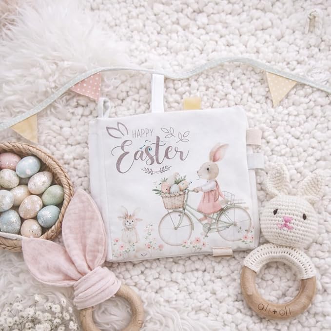 Easter Baby Sensory Book – Crinkle Bunny Cloth Book with Taggies for Infants 0-12 Months – Peek-a-Boo Egg Hunt Toy with Textures – Soft Springtime Gift 6x6 in (Easter)