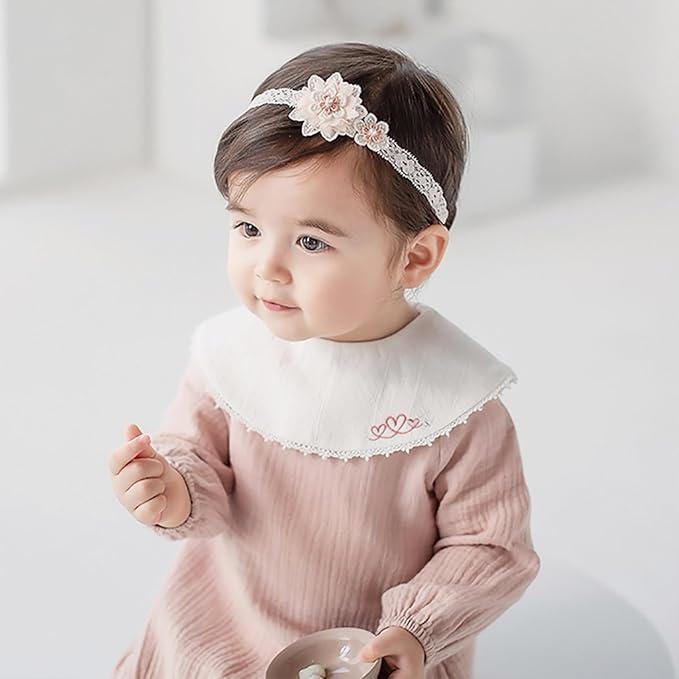 Baby Girls Hairbands Lace Flowers Headband Handmade Soft Stretchy Colorful Flower Hairband Newborn Headbands with Pearls Elastic Hairbands for Infant Head Band (Two Pink Flowers)