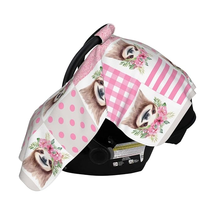 Pink Glitter Sloth Floral Car Seat Canopy Cover, Universal Fit for Infant Car Seats，Breathable,Multi-Use Nursing Cover, Gift Ready
