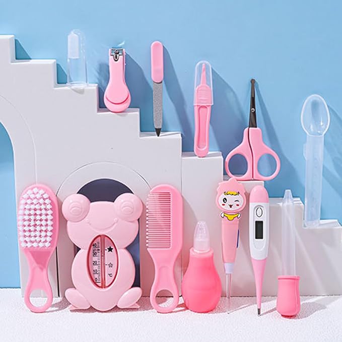 Baby Healthcare and Grooming Kit Baby Nasal Aspirator Nail Clipper Hairbrush Set Newborn Daily Cleaning Care Kit 13 PCS/Set, Style A, Pink, Safety First Baby Healthcare kit