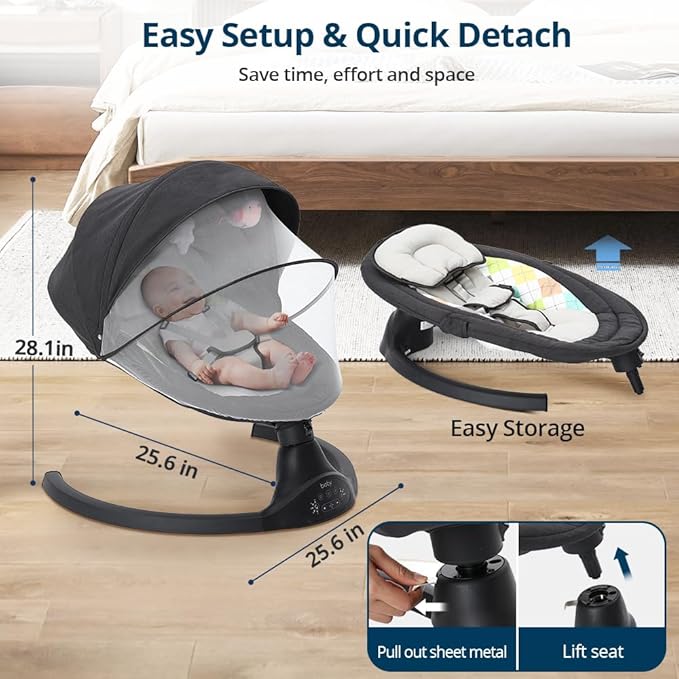 Bioby Baby Swing for Infants with 5 Natural Sway Speeds, Portable Bt Music Rocker with Remote Control&5-Point Harness, Lightweight Baby Rocker for 5-20 Lb,0-12 Months Black