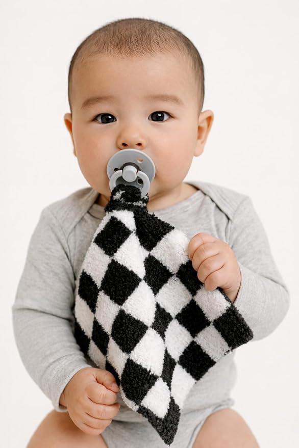 L+L USA Checkered Baby Lovey Pacifier/Teether Holder 10"x10" - DreamSoft Plush Fluffy Cuddly Soothie Reversible Mini Comfort Blanket - Cute Newborn Gift Essential Babies Boys Girls (Black/White)