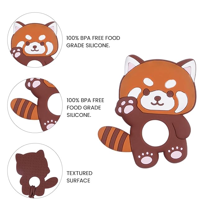 Cute Animal Baby Food Grade Silicone Teether Toy with One Piece Design Pacifier Clip Holder,Teething Pain Relief Toys Gift Set for 3 Months+ Boys and Girls,Freezer Safe,BPA Free (Red Panda)