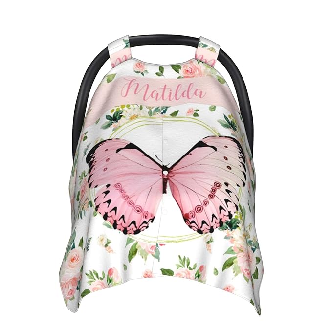 Personalized Baby Car Seat Canopy for Babies with Name, Custom Butterfly Stroller Car Seat Covers for Girls, Minky Nursing Carseat Cover for Breastfeeding, Car Seat Canopies for Newborn