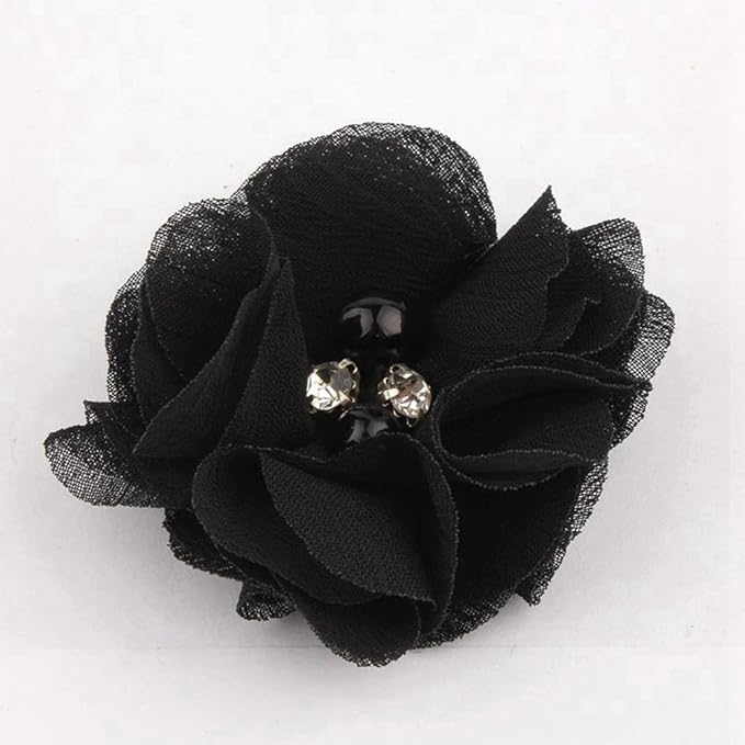 50 Pcs 2" Mini Chiffon Flowers with Rhinestones for Baby Girls Hair Accessories Artificial Fabric Flowers for Headbands Craft Projects (Black)