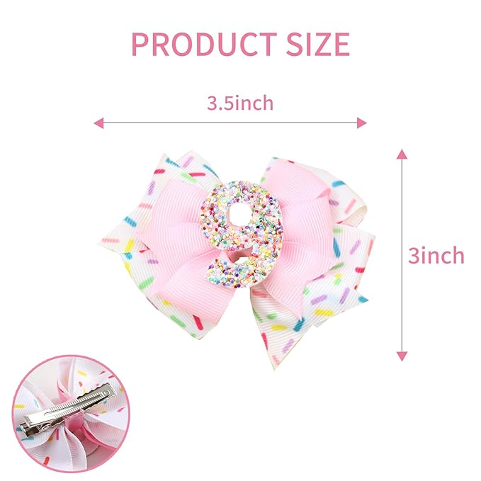 Birthday Hair Bow for Baby Girls - 2Pcs Pink Sprinkle Hair Clips for 9th Birthday Glitter Ice Cream Baby Bow Party Decorations for Girls Toddlers Hair Accessories (Pink-9 Years-Clips)