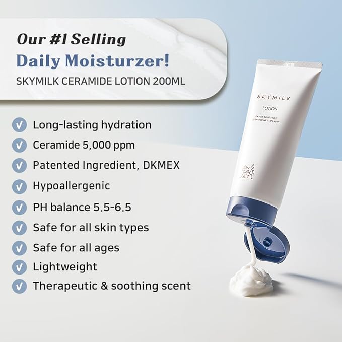 Ceramide Lotion with Donkey Milk | 200ml 6.76 Fl.Oz | Non-Sticky | Hypoallergenic | Deep Moisturization | Anti-Wrinkle | Summer Essentials | Korean Skincare for Sensitive Skin