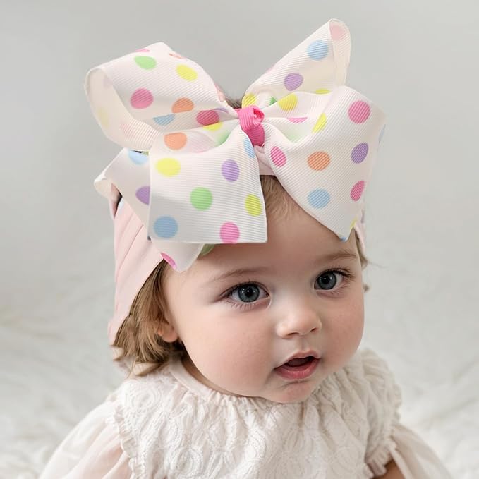 Baby Girl Soft Nylon Bow Elastic Headband Turban Toddler Infant Bow-knot Stretchy Hair Band Birthday Party Hair Bow Ribbon Accessories for Newborn Baby (Bow 1 - Color, Elastic)