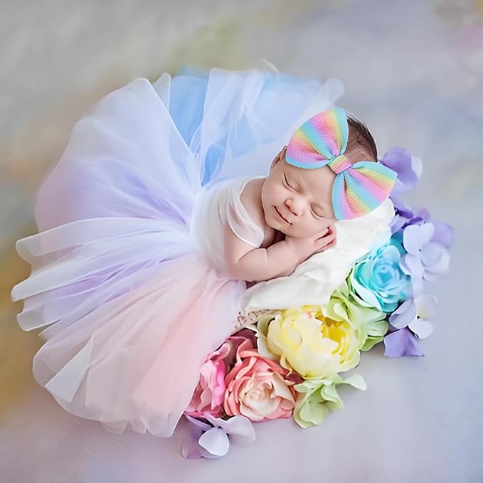 4.5'' Baby Bows Handmade Headbands 6'' Printed Tied Bow Elastic Nylon Hair Accessories for Baby Girls Newborn Infant 2 Pcs Striped Rainbow