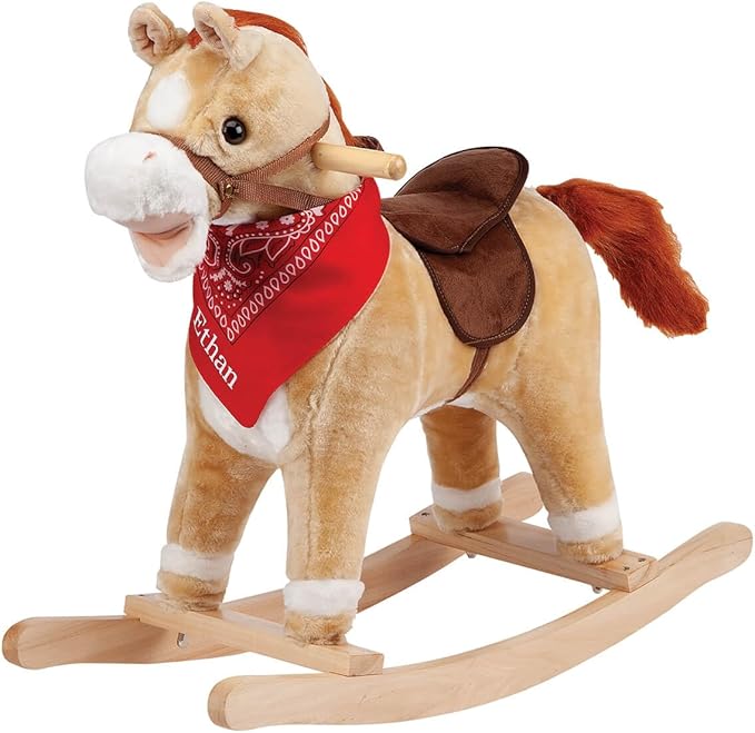 Custom Animated Rocking Horse – Soft Plush Ride-On Pony with Sounds, Movable Mouth & Tail – Includes Custom Bandana – 25" Wooden Base