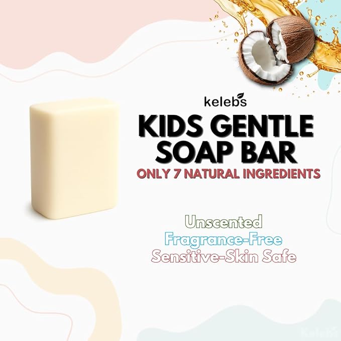 KELEBS Unscented Kids Soap Bar 2-Pack – Organic & Gentle Trio Oil Body Wash for Children – Soothes Dry & Delicate Skin – Only 7 Natural Ingredients