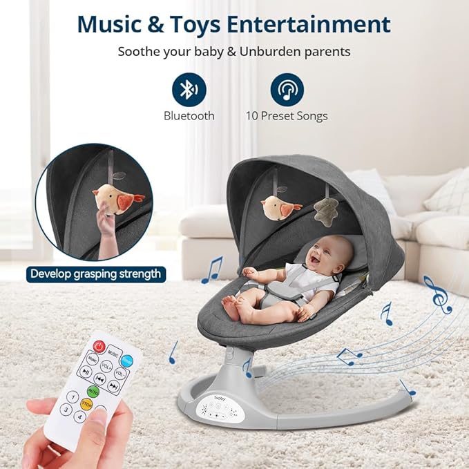 Bioby Baby Swing for Infants with 5 Natural Sway Speeds, Portable Bt Music Swing with Remote Control & 5-Point Harness, Lightweight Baby Rocker for 5-20 Lb,0-12 Months Grey