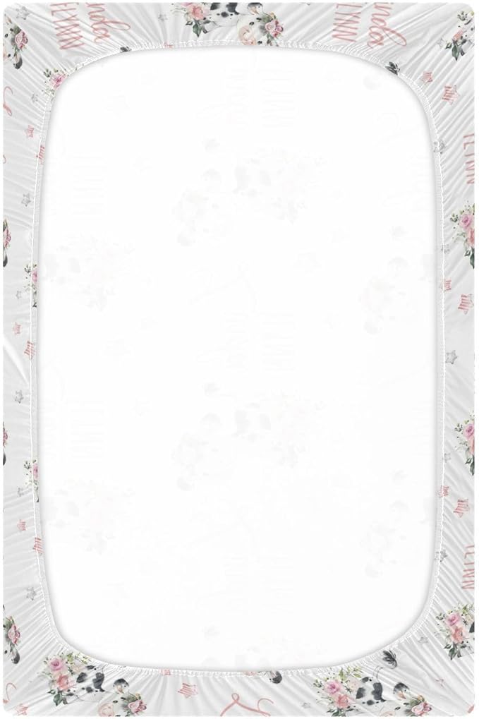 Personalized Pack & Play Sheets with Floral Cow Pattern for Baby Girls, Soft and Breathable Material - Includes Fitted Sheet and Name