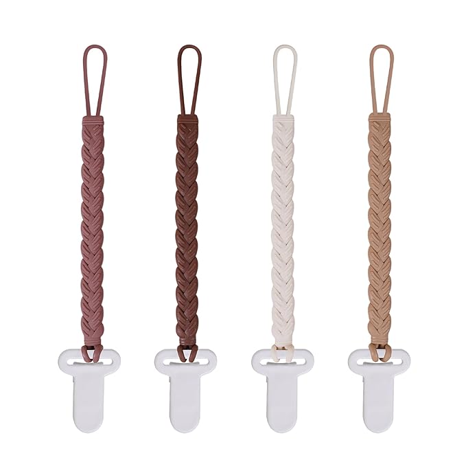 4 Pcs Brown Baby Silicone Teething Pacifier Clip,One-piece Design,Woven Shape,BPA Free.