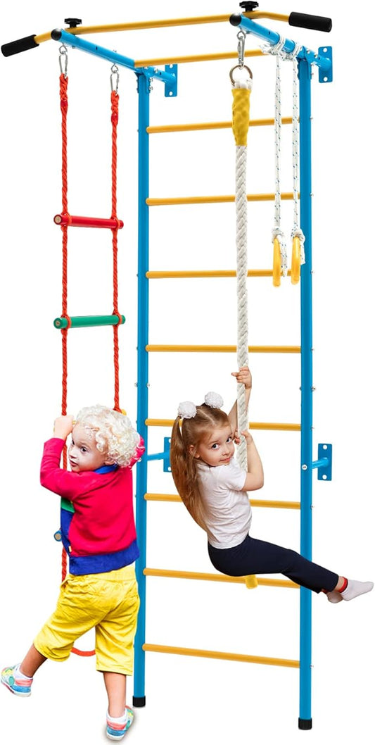 Costzon 5 in 1 Climbing Toys for Toddlers, Indoor Kids Gym for Exercise, Steel Ladder Wall Set with Wall Ladder, Pull-up Bar, Rope, Gymnastic Rings, Solid Wall Set up, Climber Ladder Boys Girls Gift