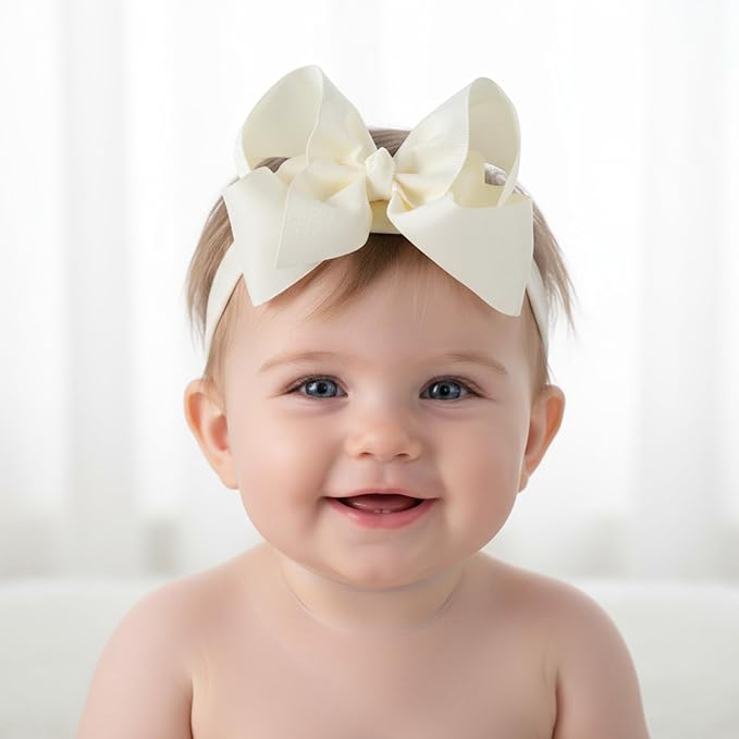 Tucnoeu 3pcs Baby Girl Headbands with Bows - Soft Stretchy Newborn Bows for Girls, Infant Toddler Hair Accessories (White, Ivory, Pink)