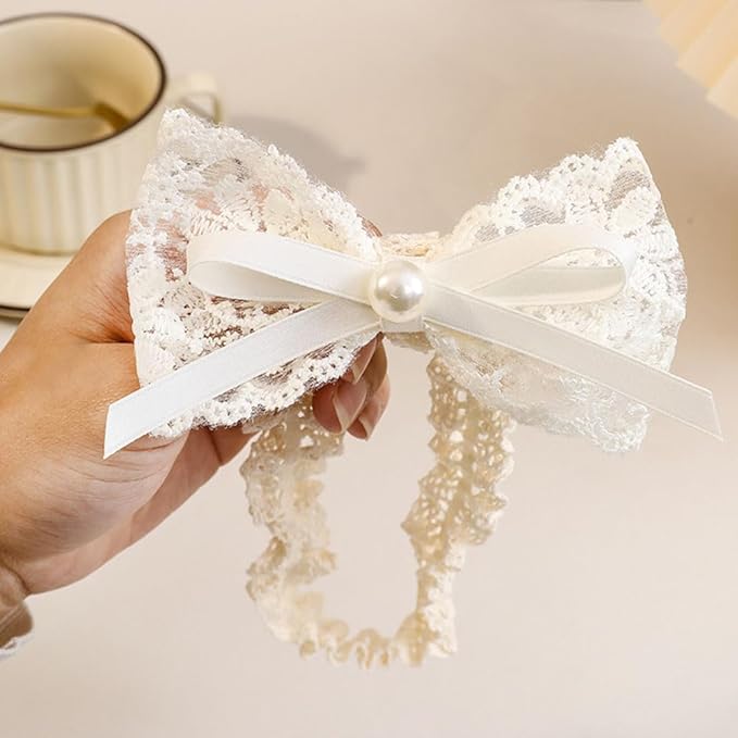 Cute Baby Girl Lace Headband Lace Bow Hair Accessories Elastic Bow Head Wrap for Newborn Infant Toddler Christening Baptism Party Hair Accessories for 0-36 Months (Ivory A, Free)