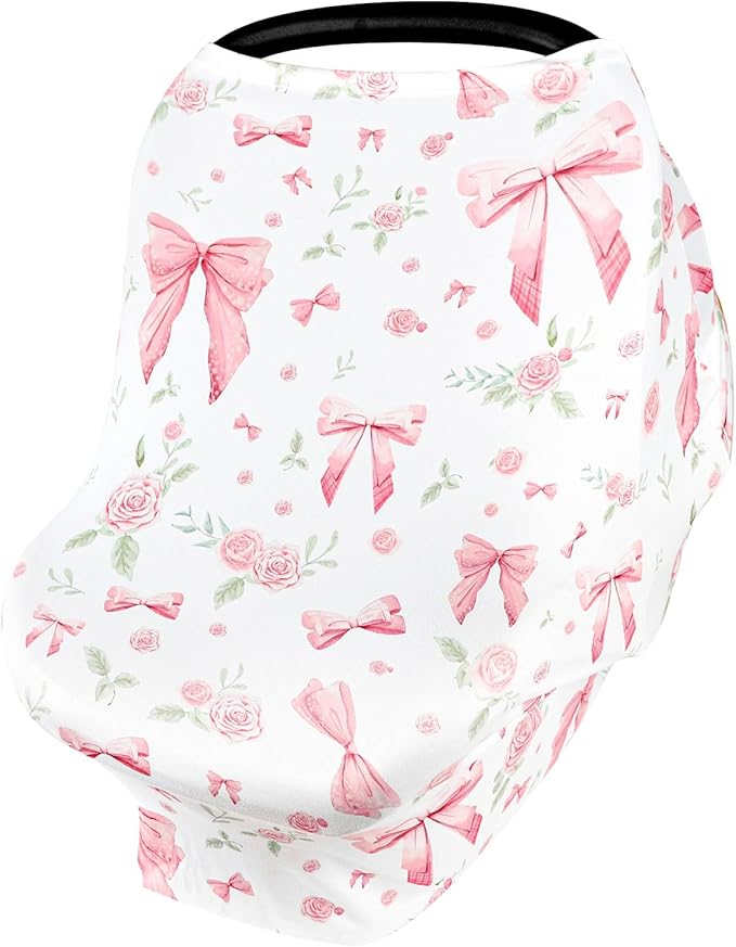 Car Seat Cover Baby Girls, All-in-1 Carseat Canopy for Babies, Multi-Use Infant Carrier Cover, Stroller Sun Shade, Nursing Breastfeeding Cover, Comfortable and Machine Washable, Pink Rose