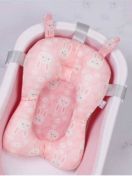 Cute Bunny Newborn Baby Bath Mat Floating Foam Baby Tub Pillow Adjustable Non-Slip Bath Seat Pad Bath Cushion for Bathtub for 0-18 Months