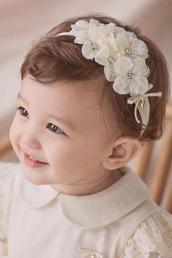 Baby Girls Hairband White Bow Lace Headbands Handmade Soft Stretchy Wide Head Band Newborn Hairbands with Bows Pearls Elastic Headband for Infant Hair Accessories（Beige Lace Flower）