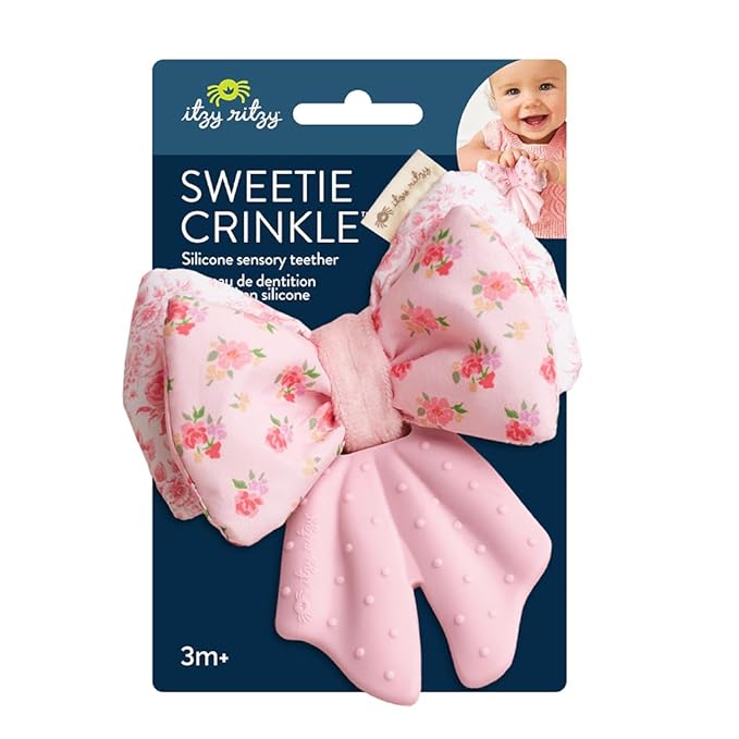 Itzy Ritzy Crinkle Teether Toy – Bow Teething Toy Includes Silicone, Velour & Crinkle Material – Features Multiple Textures for Teething Relief – Designed for Ages 3 Months and Up (Bows)