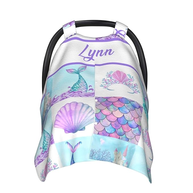 Personalized Baby Car Seat Canopy for Girls, Custom Name Baby Car Seats Covers for Babies, Opening Minky Nursing Breastfeeding Stroller Cover Infant Carseat Canopies for Newborn (Mermaid)