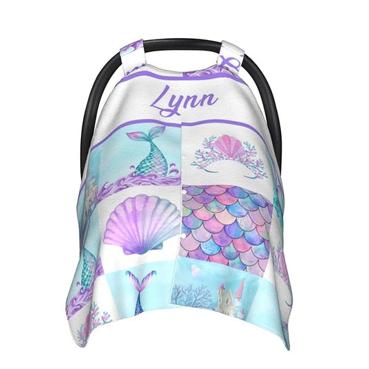 Personalized Baby Car Seat Canopy for Girls, Custom Name Baby Car Seats Covers for Babies, Opening Minky Nursing Breastfeeding Stroller Cover Infant Carseat Canopies for Newborn (Mermaid)