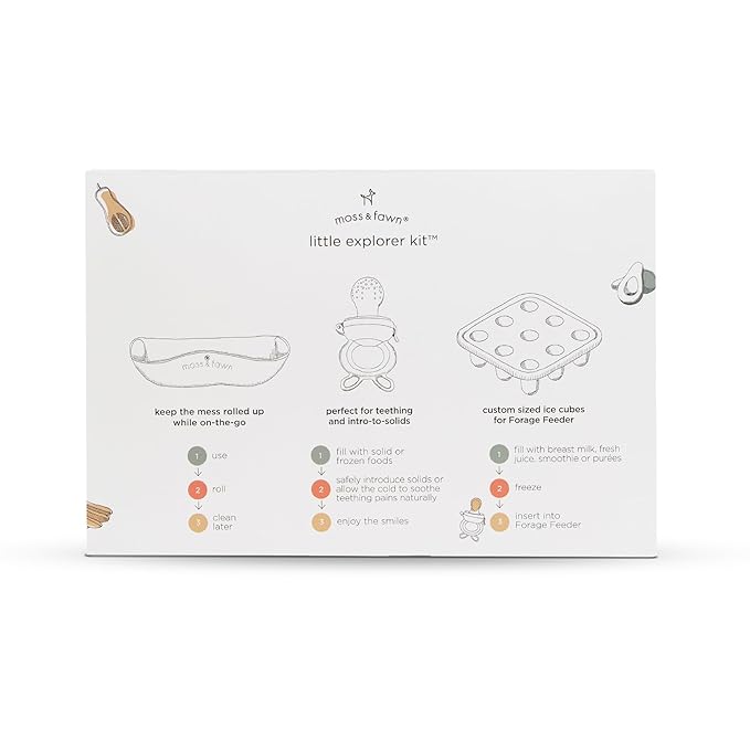 Moss and Fawn Little Explorer Kit - Silicone Frozen Breast Milk Popsicle Kit with Forage Feeder, Teething Popsicle Ice Cube Tray, & Gather & Roll Baby Feeding Bib - BPA, PVC, & Lead-Free - Dew