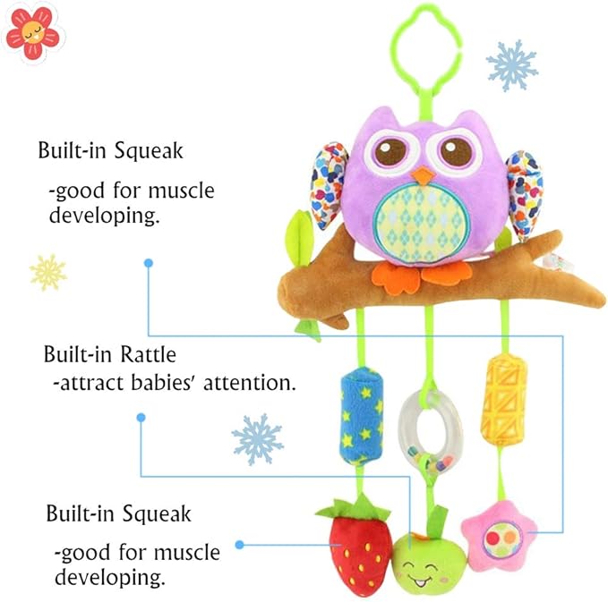 daisy's dream Owl Baby Rattle Stroller Toys for Infant Hanging Plush Toys with Wind Chime and Squeak for Crib Bed Car Seat 8.26'' x 16.9''