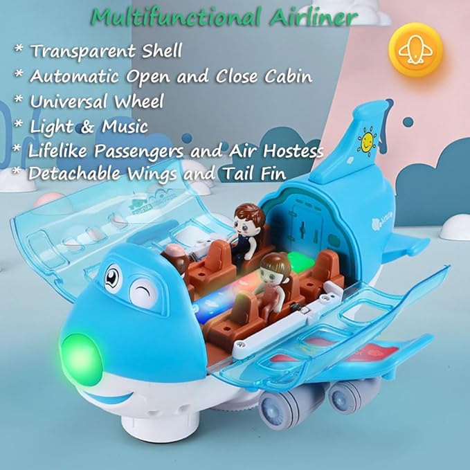 Miracland Airliner Musical Model, 360 Rotating Passenger Jet with Lights & Music, Universal Wheels, 1 Air Hostess & 2 Passingengers (Pink)