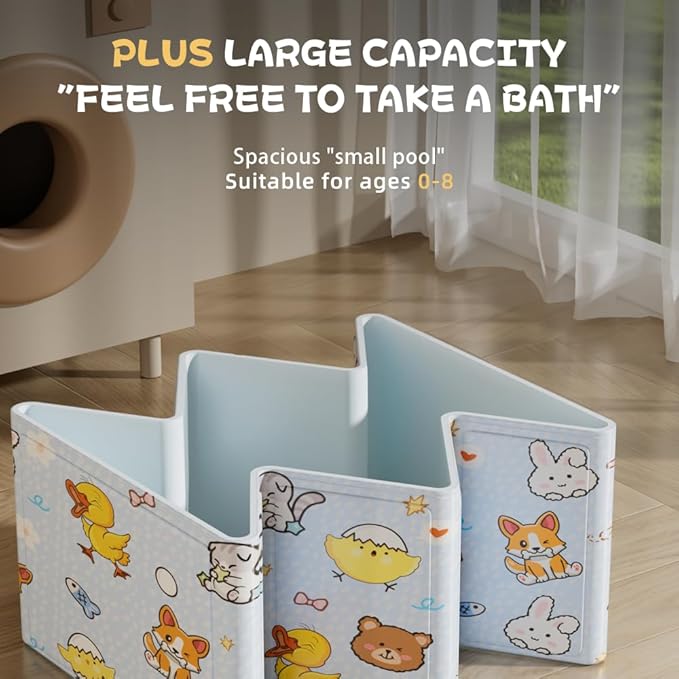 Foldable Baby Bathtub with Cute Animal Print, Portable Infant Bath Tub ，31.5x17.7x9.8 Inch Expanded (Blue)