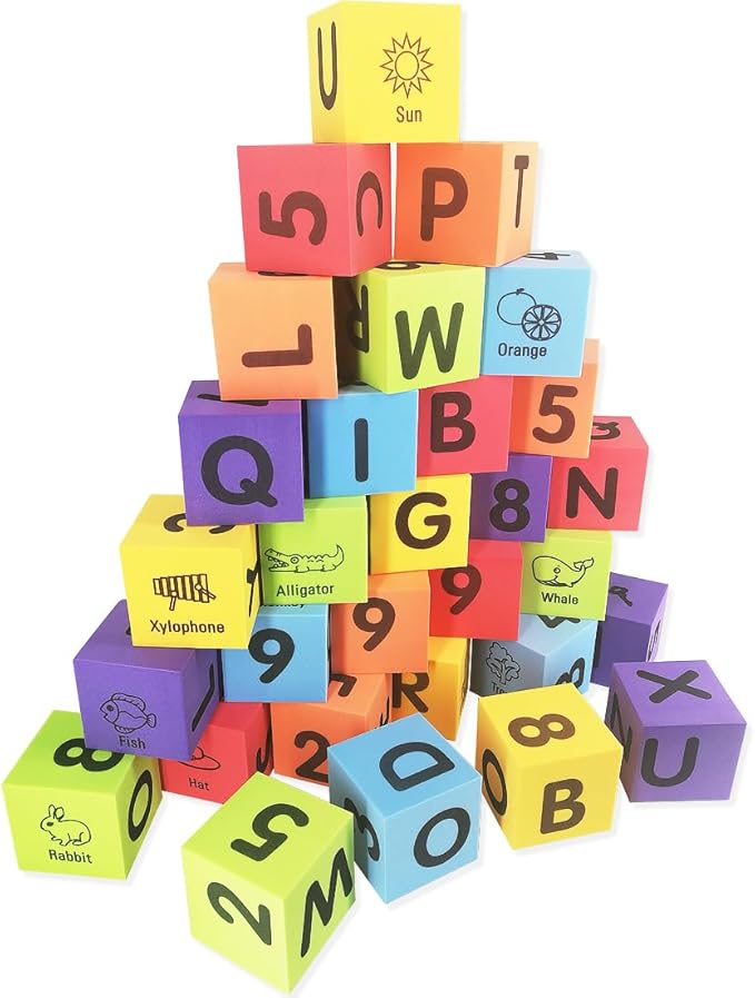 MOBU Foam Building Blocks for Toddlers,30 pcs 2-inch Alphabet Letters Number Blocks with Storage Bag, Learning ABC, 123 Stacking Blocks for Kids