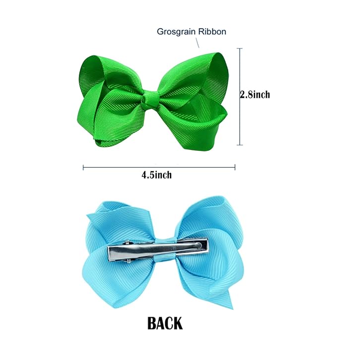 6 PCS 4.5" Solid Color Hair Bows Clips for Girls Toddler Hair Accessories - Green Grosgrain Ribbon Alligator Clips
